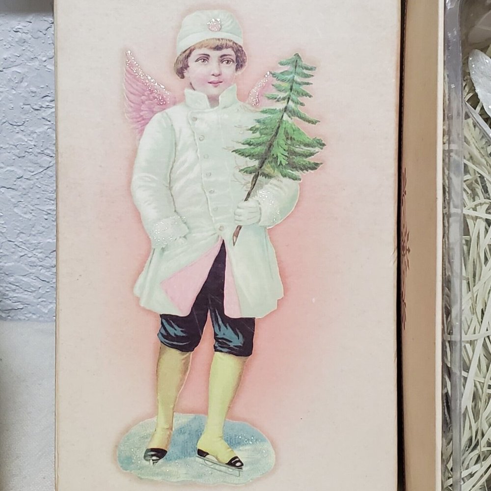 Victorian Glitter Winter Angels Porcelain Ornament Christmas decor boy 5.5" - Picture 2 of 12